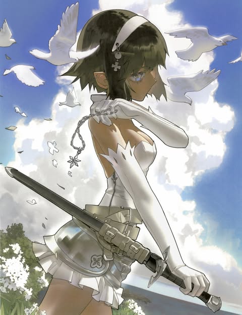 An illustrated figure in white holding a sword, surrounded by white birds beneath a blue, cloud-filled sky.